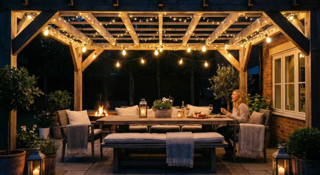Pérgola de madera decorada con guirnaldas de luces cálidas para crear un ambiente acogedor en el patio.