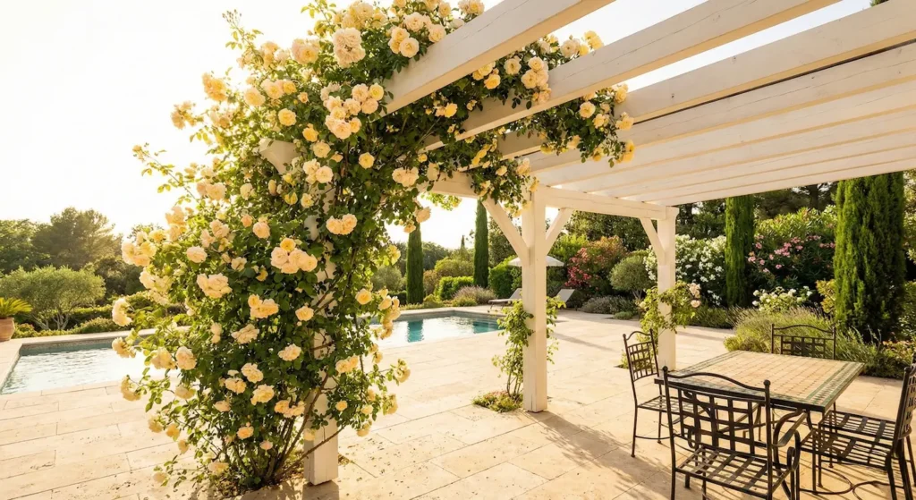 pérgola de madera con rosal trepador amarillo pálido