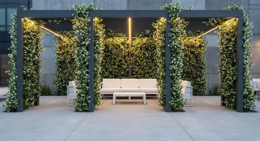 Estructura de pérgola moderna completamente cubierta por el follaje perenne y las flores blancas del falso jazmín.