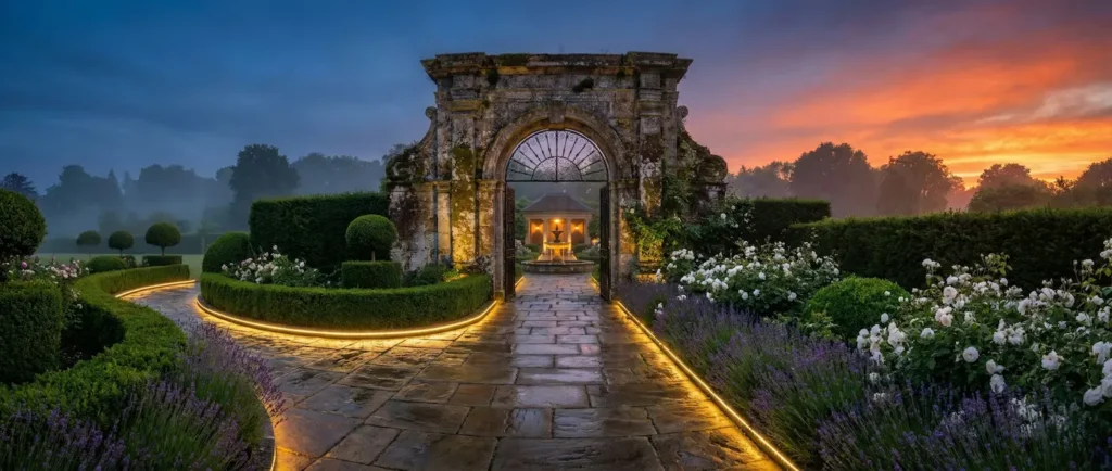 entrada a jardín clásico iluminado con portada de piedra y forja