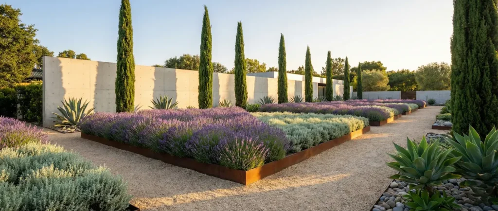 composición con plantas resistetntes y estructura arquitectónica Cipres, Lavanda y Santolina