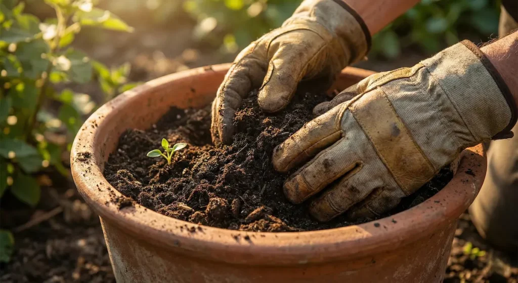 aporte de sustrato y abono en macetas
