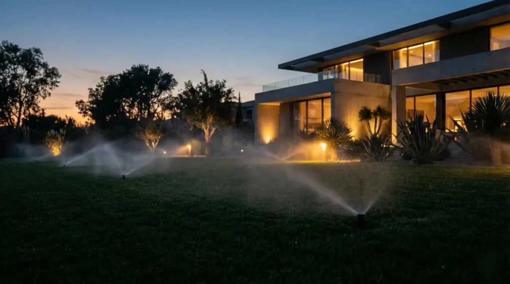 Difusores de riego de alta eficiencia funcionando en un jardín moderno durante el anochecer.
