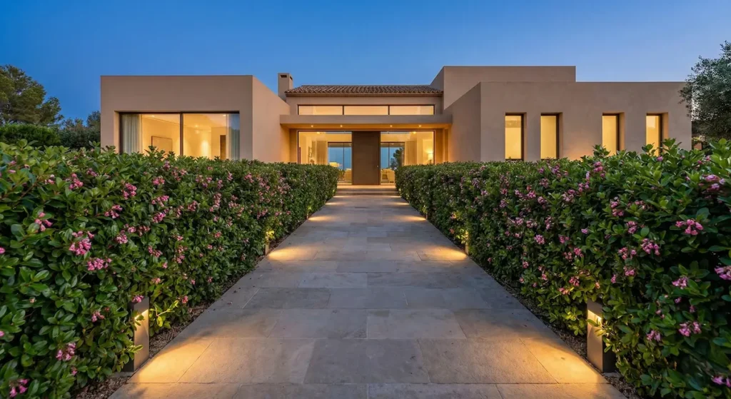 seto elegante de escallonia con una floración en rojo o rosa