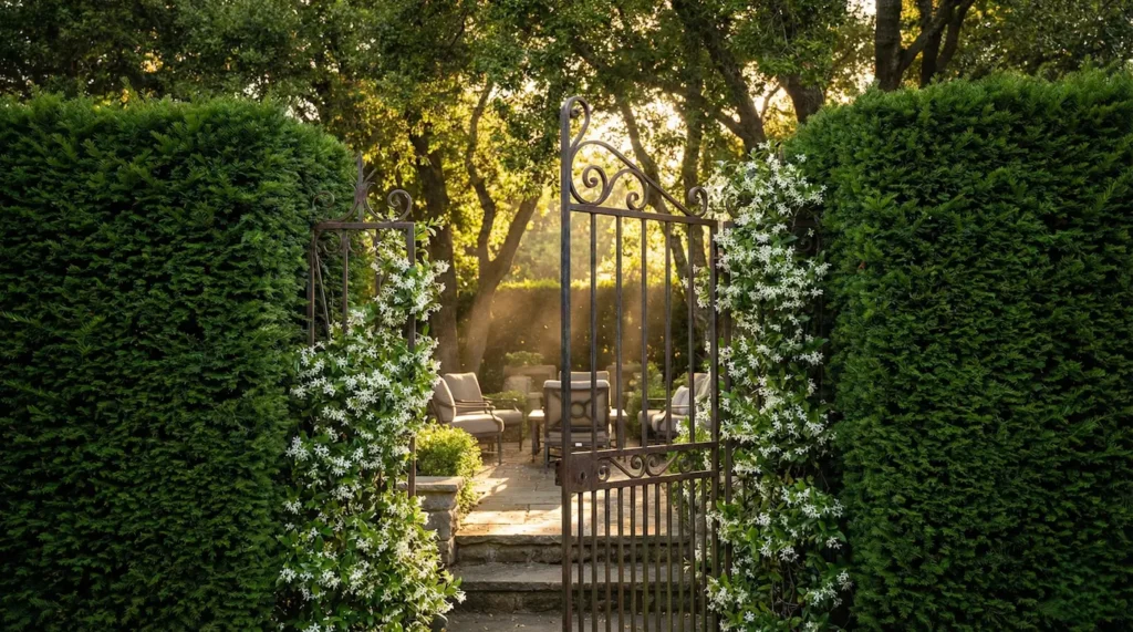 Entrada romántica a un jardín secreto con una antigua puerta de forja entreabierta y un alto seto de tejo oscuro