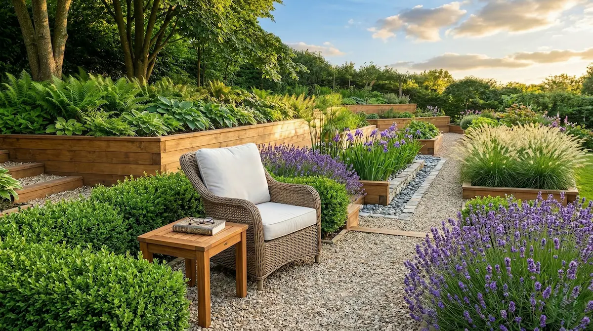 sillón de lectura en jardín de ratán y cojín de tela