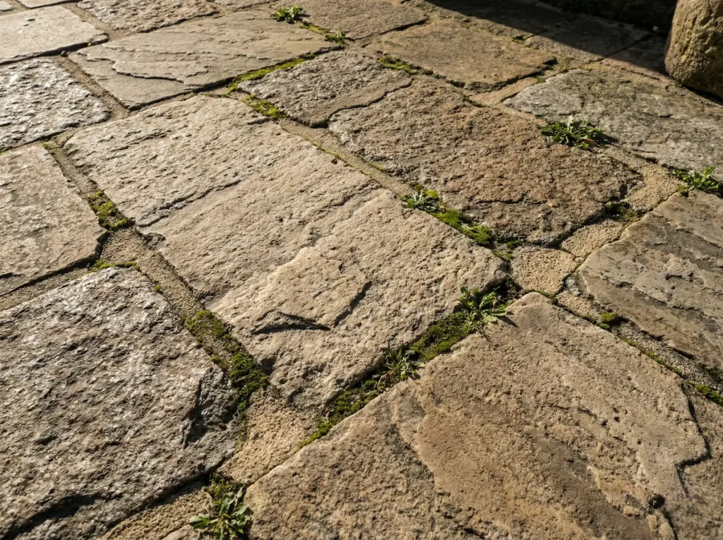 Pavimento de losas de piedra natural irregular con textura rugosa y juntas anchas en un proyecto de paisajismo.