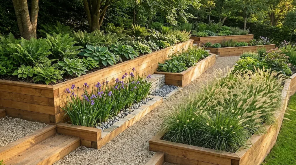 vista angular jardín aterrazado con madera y plantas según exposición