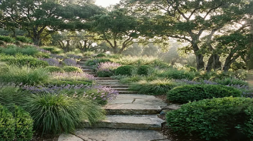 Sendero de piedra natural irregular integrado en un jardín en pendiente rodeado de vegetación mediterránea y lavanda.