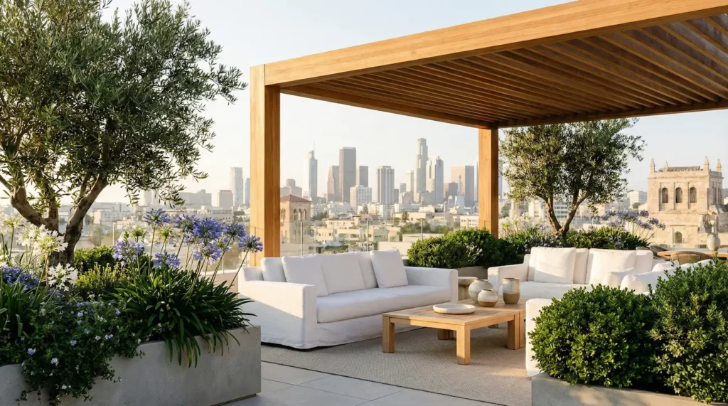 Amplia terraza de ático urbano decorada para el día con zona de estar bajo una pérgola de madera, maceteros con plantas cuidadas y vistas al skyline de la ciudad al sol.