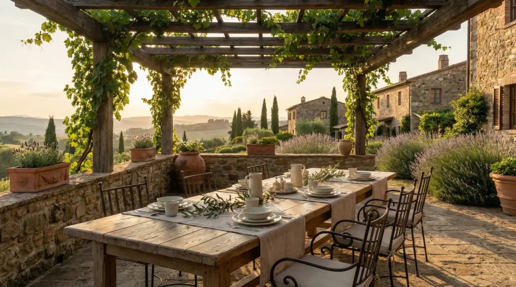terraza con pérgola con rosal trepador y aromáticas en contenedor y limonero