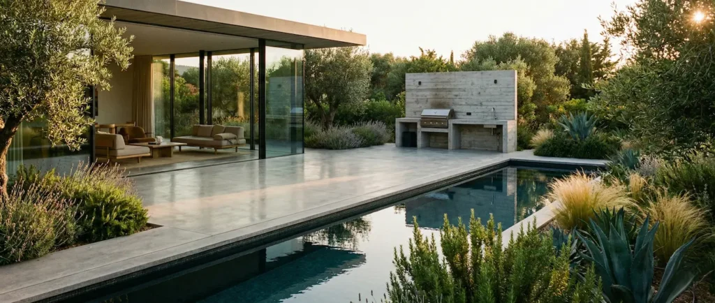 Vista panorámica 21:9 de terraza de hormigón pulido integrada en vivienda moderna.