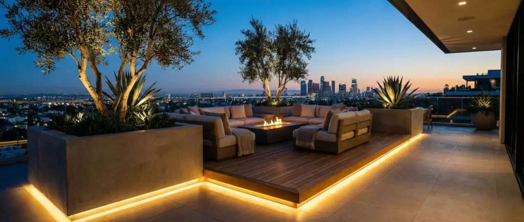 Vista panorámica 21:9 de terraza penthouse con iluminación LED y mobiliario de exterior al anochecer.