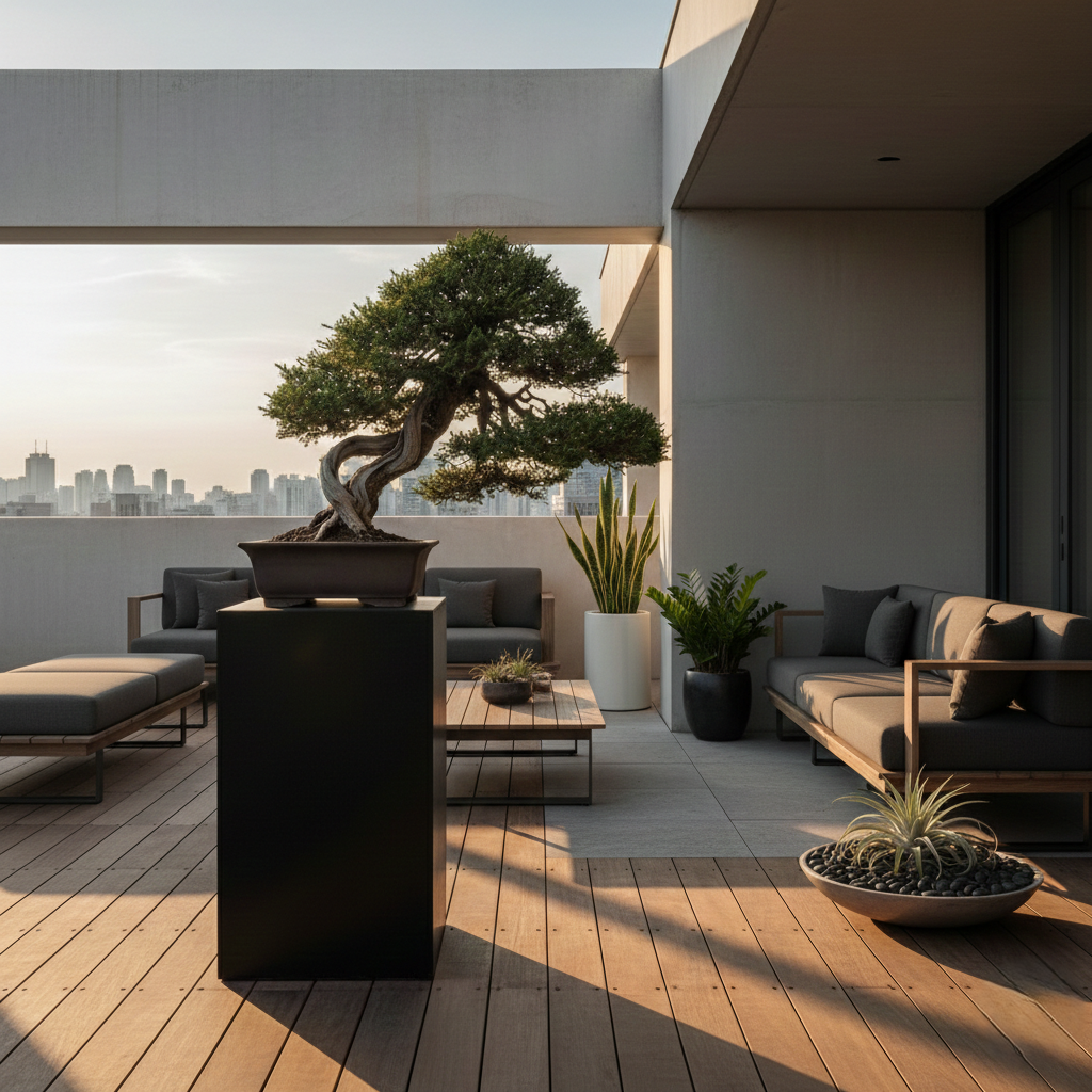 bonsai de enebro pieza central en una terraza minimalista en Madrid