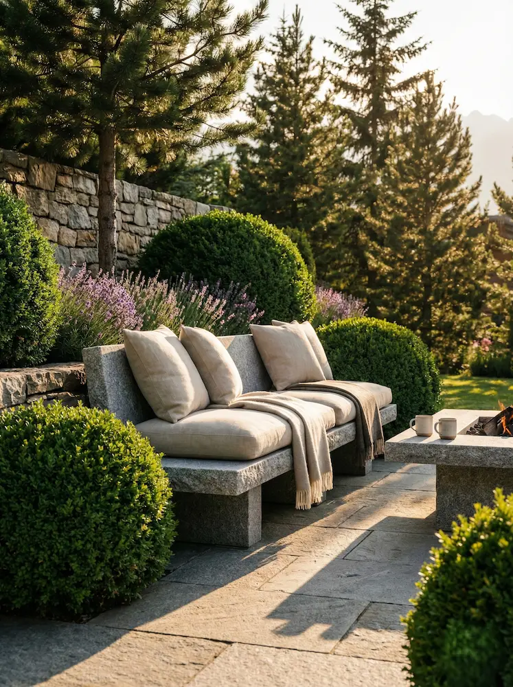 Elegante zona de descanso en un jardín serrano con un banco de granito macizo, cojines cómodos y luz cálida de atardecer.