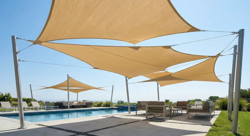 Velas de sombra de tela tensada sobre una piscina en un día soleado.
