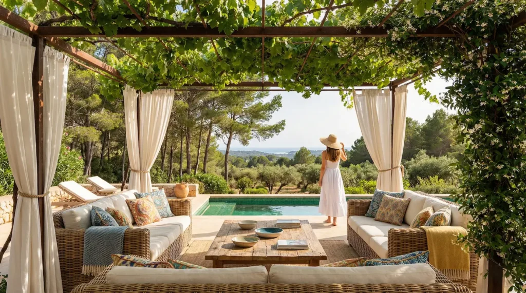 Salón exterior bajo una pérgola cubierta de vegetación, con sofás de ratán, cortinas de lino blanco y vistas al paisaje mediterráneo.