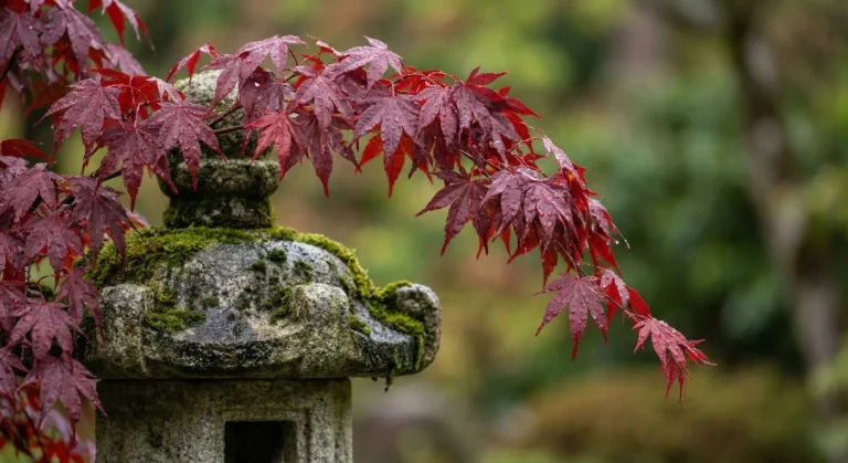 Arce japonés rojo sobre linterna de granito tradicional en jardín de autor.
