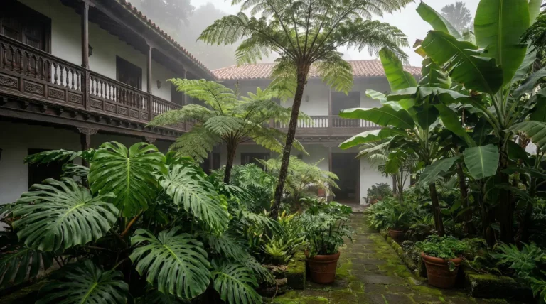Espectacular jardín tropical en una casona canaria tradicional con exuberante vegetación, monsteras y típicos balcones de madera tallada.
