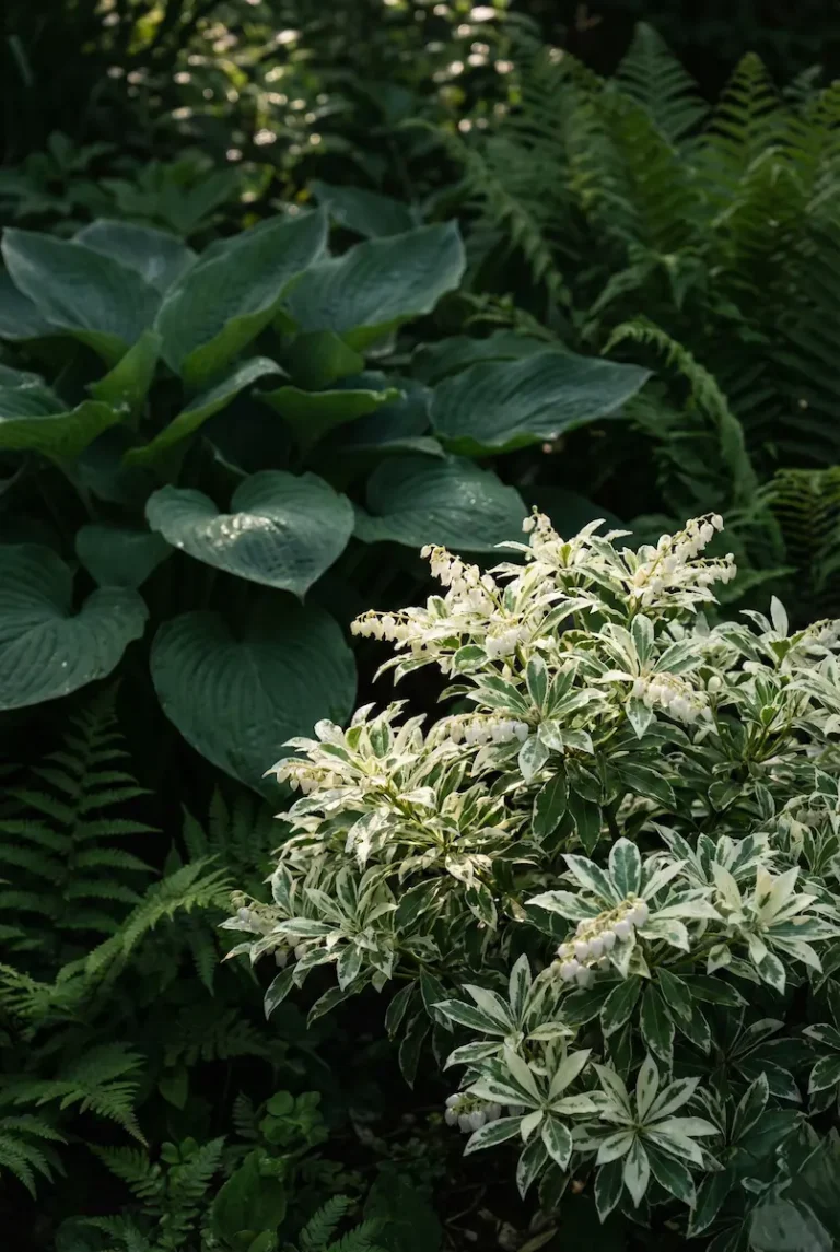 Rincón de sombra con color aportado por pieris little frost