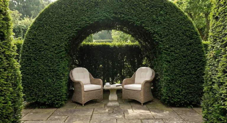 Zona de estar íntima con dos sillones bajo un denso arco de seto verde