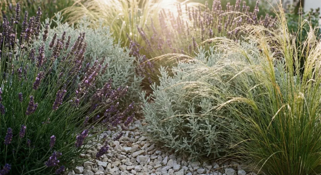 Bordura mediterránea con lavanda, santolina y gramíneas sobre grava caliza.