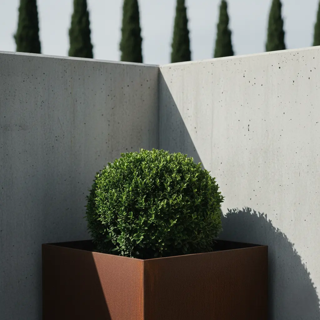 rincón de hormigón con maceta de acero corten con bola de boj y fondo de cipres totem