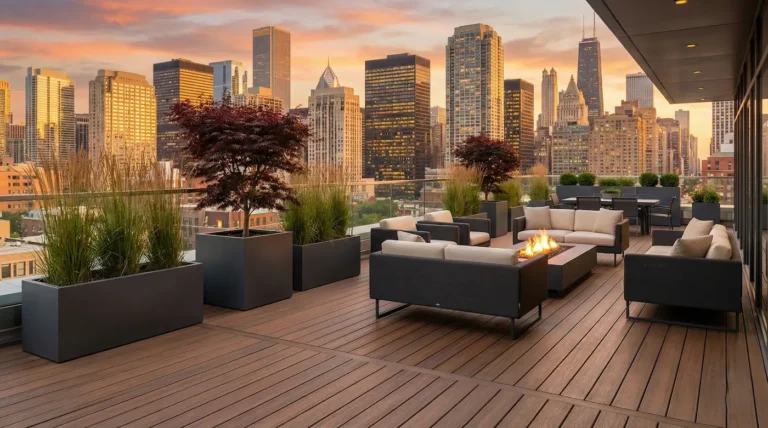 Espectacular terraza de ático urbano al atardecer, con suelo de madera composite, muebles de diseño y maceteros elegantes frente al skyline.