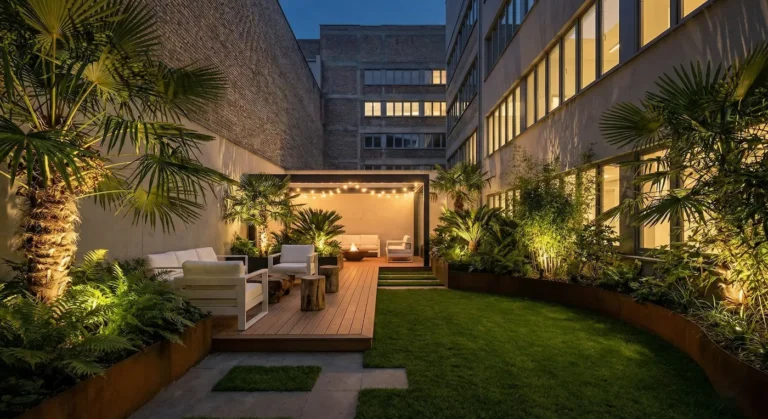 Espectacular bajo con jardín reformado de noche, con césped, palmeras iluminadas, cubierta de madera y mobiliario de diseño.