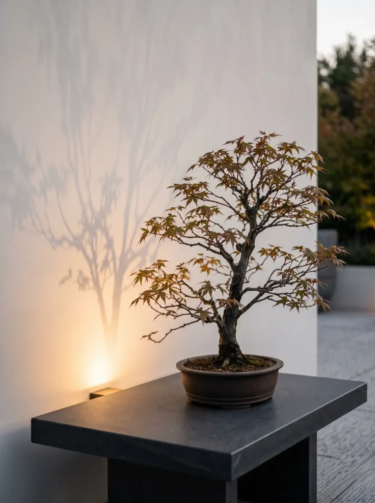 Iluminación sutil proyectando las sombras de un bonsái sobre una pared limpia un detalle de diseño cuidado y serenidad