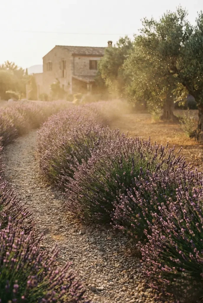 bordura de lavanda en camino de paso en el jardín