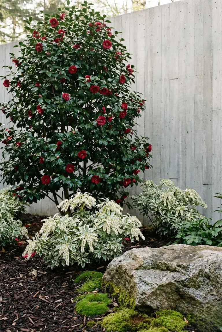 camelia en flor en macizo con pieris little frost sobre lecho de corteza de pino