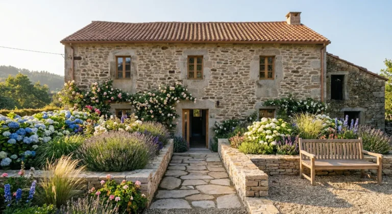 Resultado espectacular de paisajismo con un jardín estilo cottage en flor, destacando hortensias, lavandas, rosas trepadoras y un banco de madera sobre grava frente a la casa rústica.