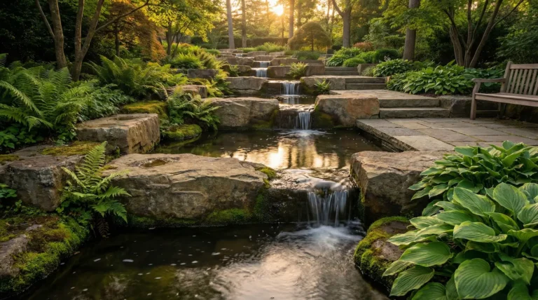 Diseño paisajista de terrazas de agua y cascadas construidas con grandes bloques de piedra rústica en un desnivel pronunciado.
