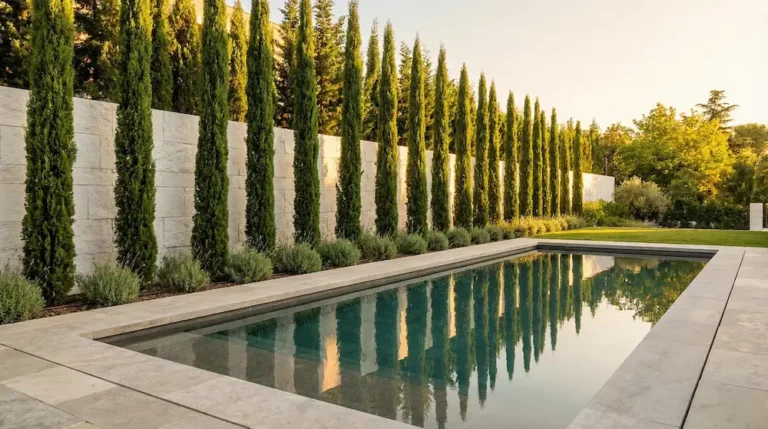 alineación de ciprés paralela a piscina aportando verticalidad