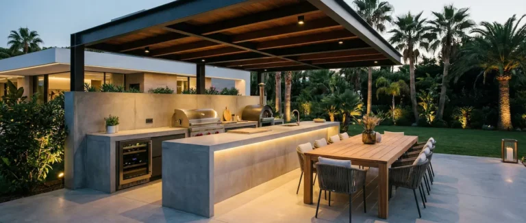 Vista panorámica de una cocina de exterior minimalista con barbacoa integrada y comedor de verano bajo una pérgola.
