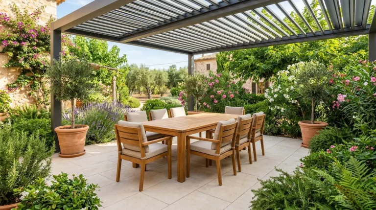 juego de mesa y sillas comedor en madera tratada bajo pérgola bioclimática