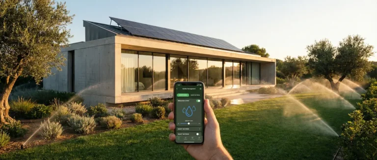 Vista panorámica de un jardín minimalista con sistema de riego inteligente controlado por smartphone al atardecer.