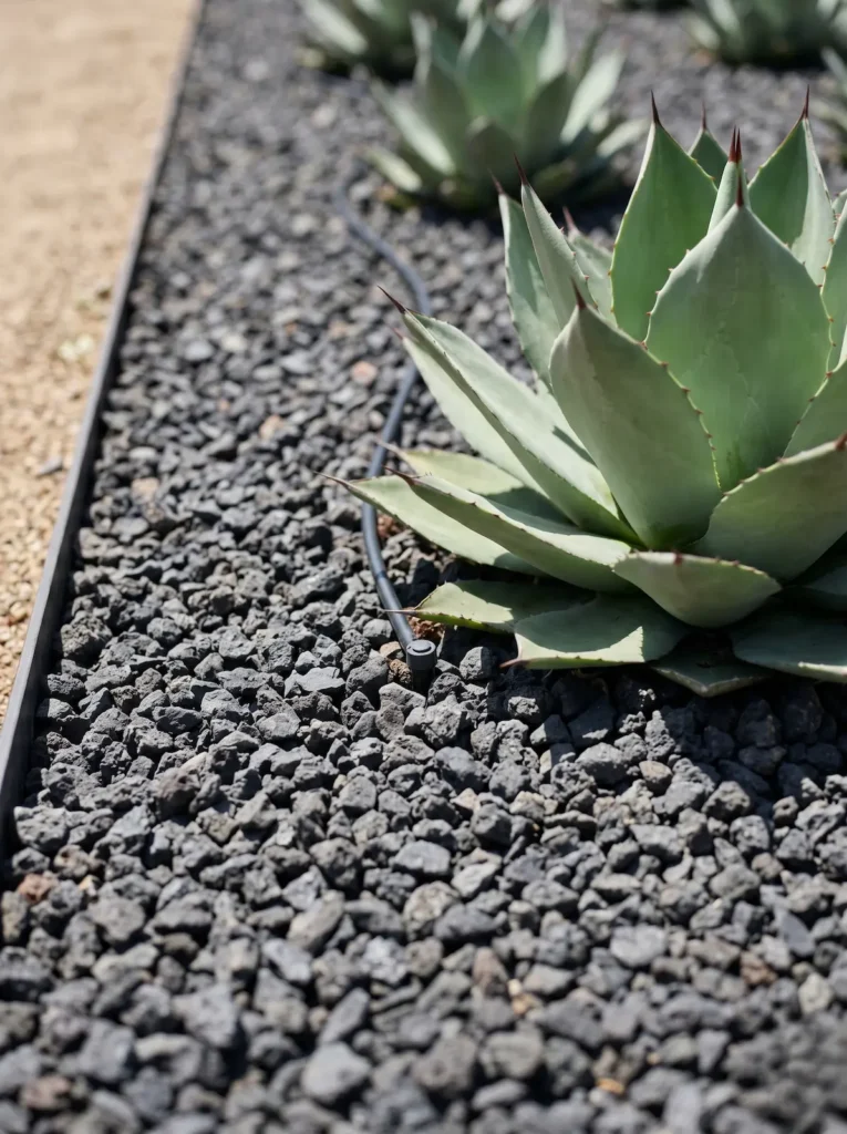 Detalle técnico del sustrato en un xerojardín, mostrando un acolchado de grava volcánica impecable que protege la base de una planta suculenta, evidenciando un alto estándar profesional en la eficiencia hídrica.