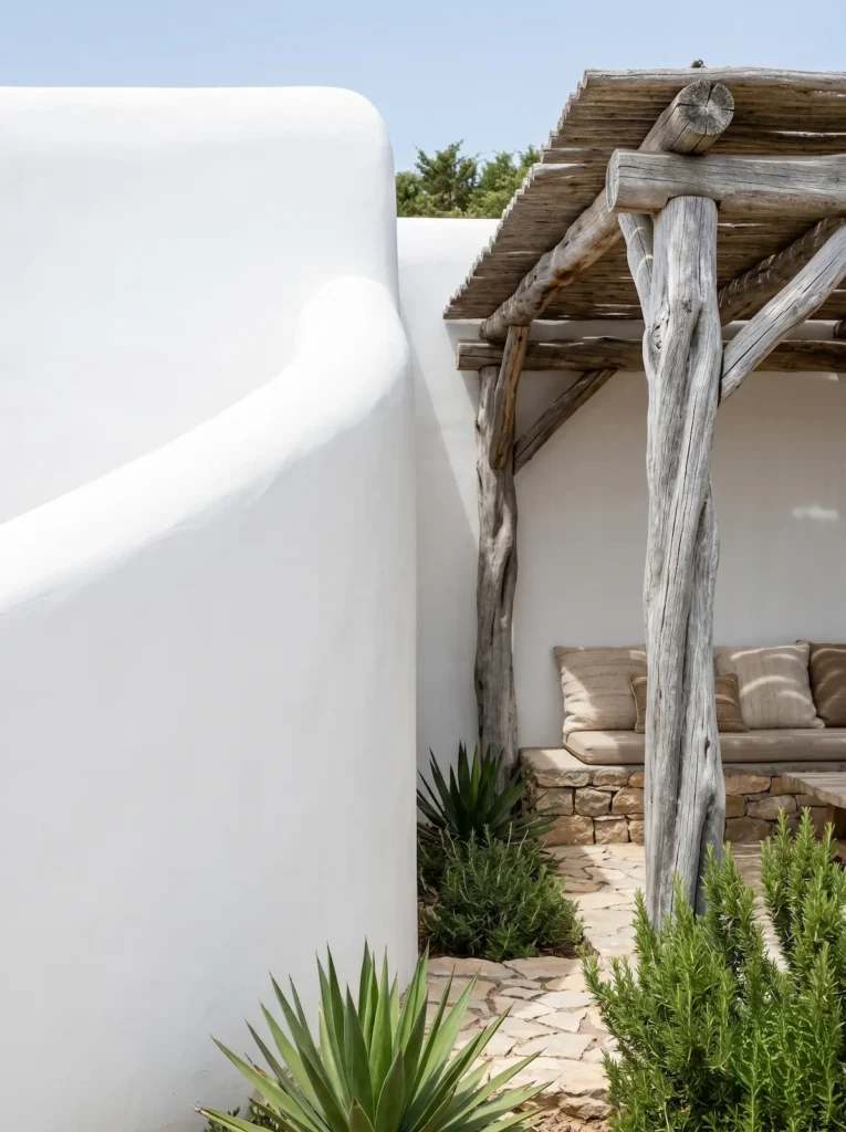 Detalle arquitectónico mostrando la transición orgánica entre un paramento curvo de cal inmaculada y una pérgola construida con robustos troncos de sabina Juniperus phoenicea de elegante pátina grisácea