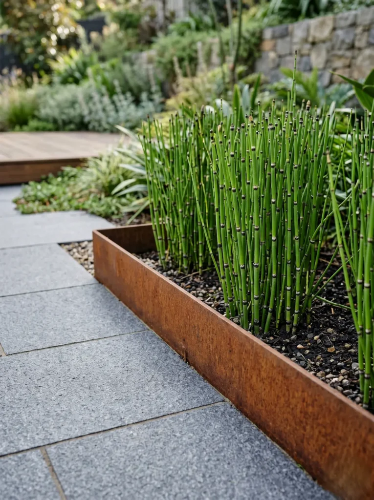 Detalle de transición entre acero corten y piedra natural de corte limpio demostrando una integración paisajística de alto nivel