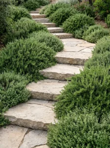 escalera de piedra correctora de desnivel con aromáticas a los lados