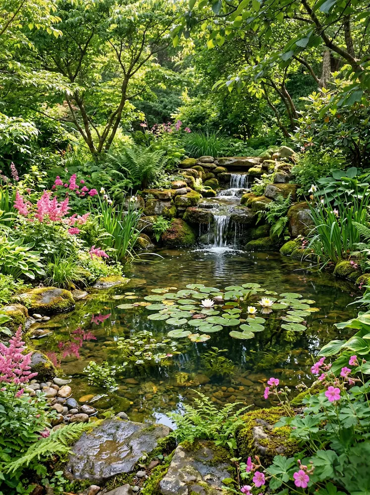 estanque naturalizado integrado en jardín serano