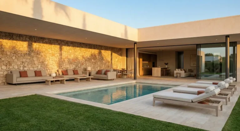 panorámica de chalet moderno con piscina porche y pradera de césped