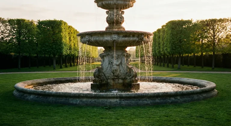 Fuente de piedra ornamentada con cascadas de agua en un entorno de paisajismo formal.