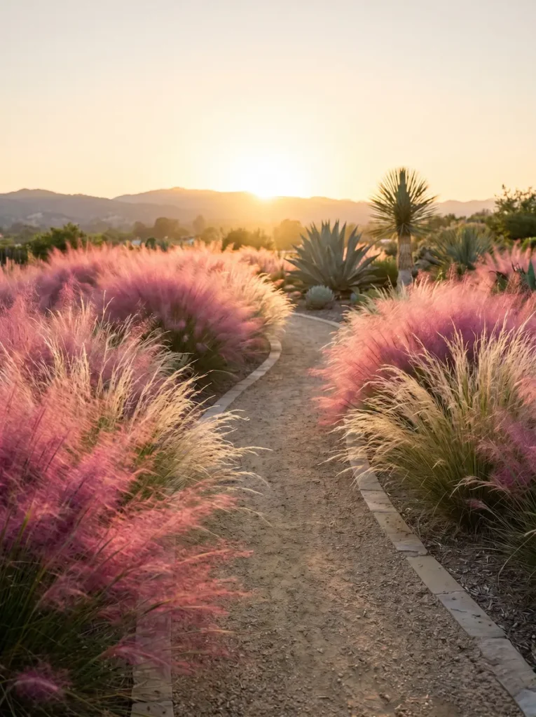 Paisaje naturalista iluminado por luz rasante, donde derivas de gramíneas como la hierba de pelo rosado (Muhlenbergia capillaris) y la hierba de plumas (Stipa tenuissima) aportan fluidez cromática y un nexo vegetal vibrante.
