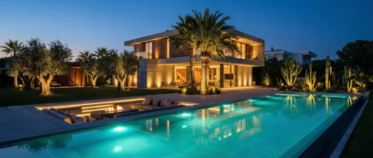 Vista panorámica de una villa moderna al anochecer con iluminación exterior de autor, piscina iluminada y focos rasantes en la vegetación.