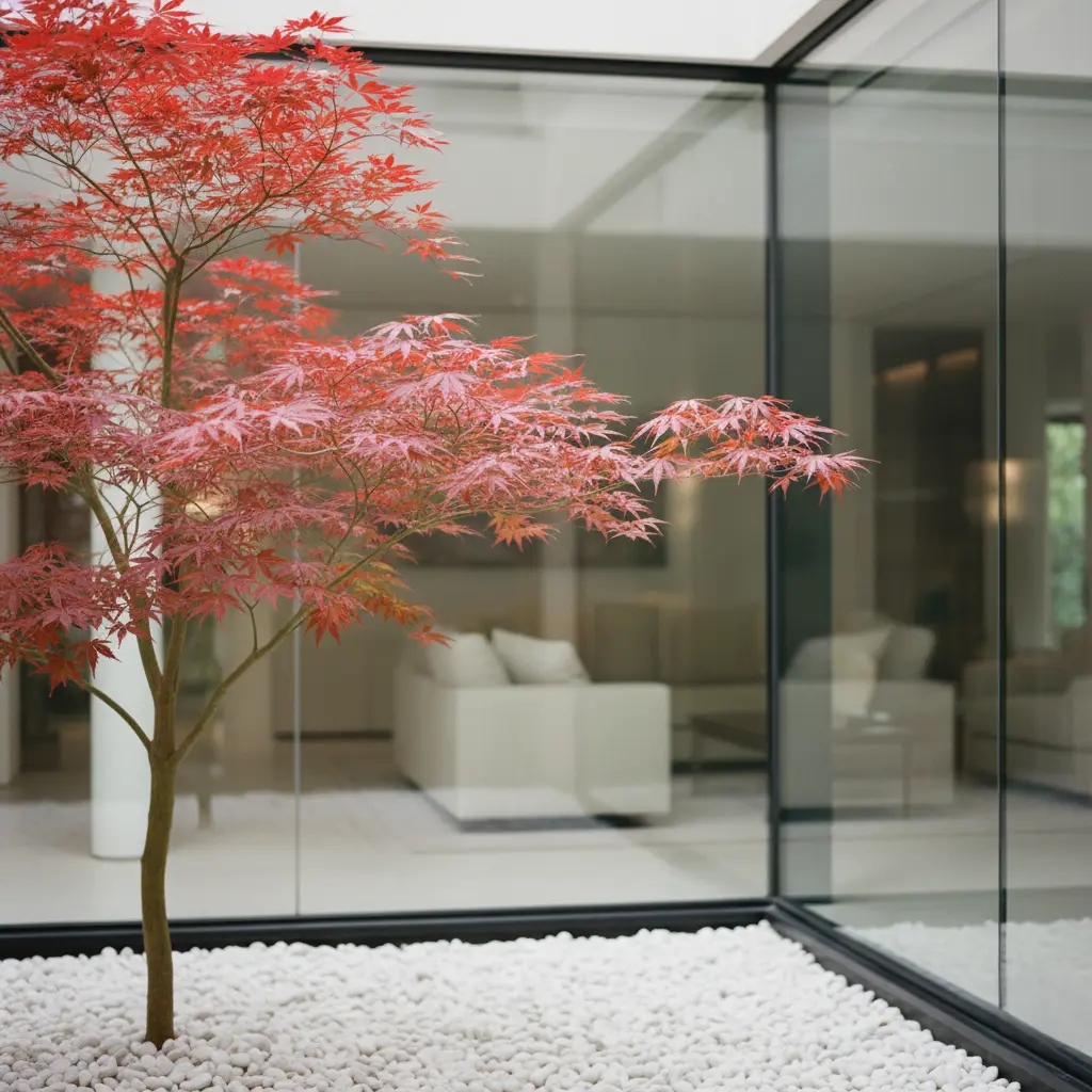 jardín interior con arce japonés con lecho de grava blanca