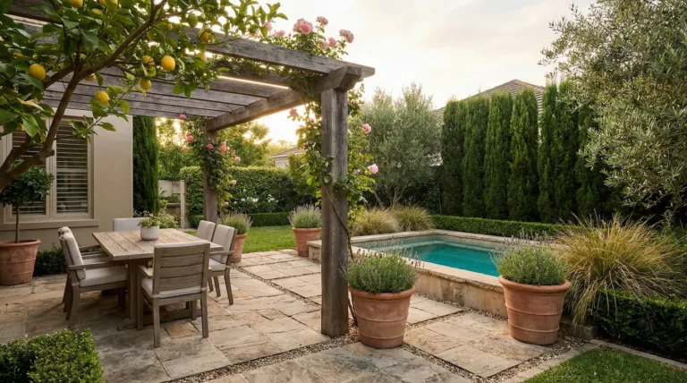 jardín de 180 m2 con pérgola de madera, cubierta de rosal trepador, aromáticas en maceta,, piscina y seto de ciprés
