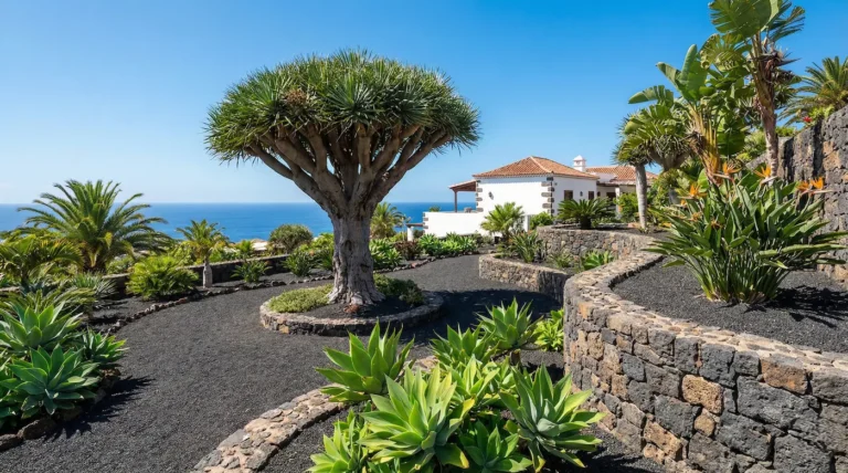 Diseño de jardín canario de lujo con un majestuoso drago, suelo de picón negro volcánico y muros de piedra basáltica con el mar al fondo.